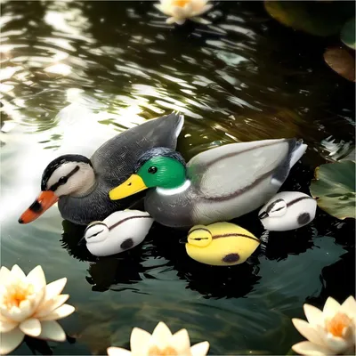 A set of plastic toy ducks floating on water with lily pads and flowers.