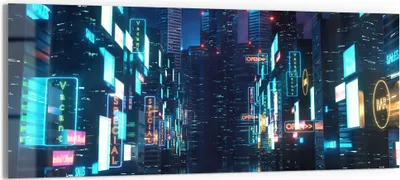 Produktbild von DEQORI Glasbild Echtglas 150x60 cm 'Stadtzentrum bei Nacht' Wandbild Bild modern Deko