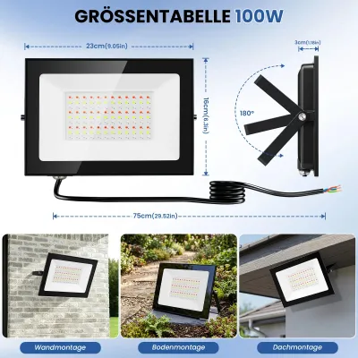 Produktbild von RGB-LED-Flutlichtstrahler - Außenbeleuchtung - 100 W - 220–240 V - IP66 Wasserdicht - Fernbedienung - 1 Stück