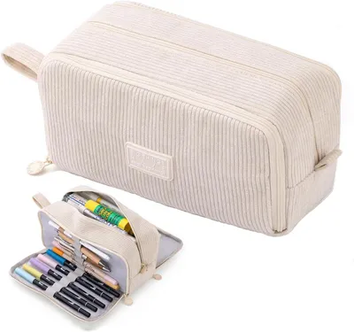 Produktbild von Federmäppchen aus Cord-Stoff Federtaschen Mäppchen mit 3 Fächer Schulmäppchen Große Kapazität Stiftetasche Pencil Case für Schule & Büro (Beige)