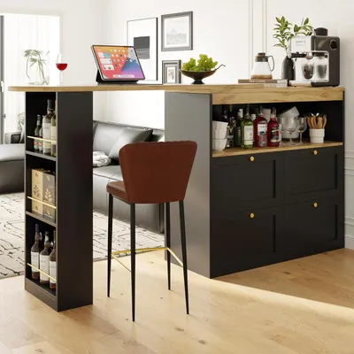 Produktbild von Bartisch 360° drehbar mit 4 Schubladen und offenen Ablagen 105x39x102 cm MDF Holzoptik schwarz