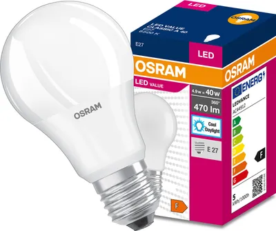 A product shot of an OSRAM LED light bulb next to its packaging.
