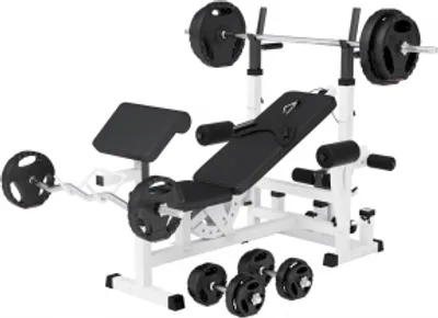 Produktbild von GORILLA SPORTS® Multifunktion Hantelbank - mit Hantelset 100kg, Hantelablage, Latzug, Dip-Station, Butterfly, Curlpult, Beincurler, Verstellbar, Weiß - Kraftstation, Trainingsbank
