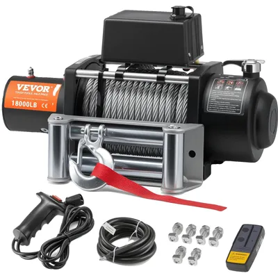 Productafbeelding van VEVOR Elektrische Lier, 18.000 lbs, 12V DC lier voor vrachtwagens, met stalen kabel van 7/16 inch x 85 voet, draadloze en bedrade afstandsbediening, IP55 waterdicht, geschikt voor het slepen