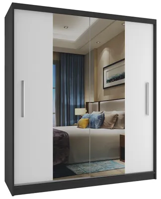 Image de BELINI Verona ME, armoire coulissante de 133 cm, noir/blanc mat - Armoire avec miroir et penderie, idéale pour la chambre