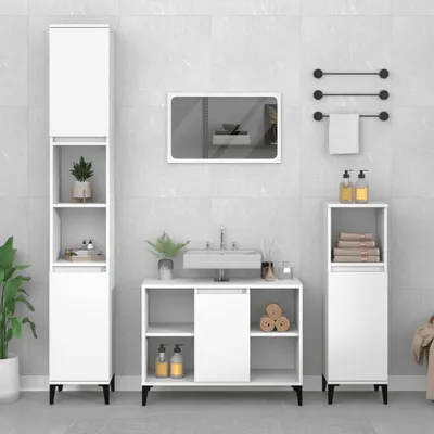 A clean, modern bathroom vanity set with storage cabinets and a sink.