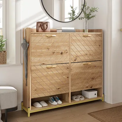 Produktbild von Modernes Schuhregal in Holzoptik, 4-türiger Schuhschrank, platzsparend, 108,5×24×100 cm