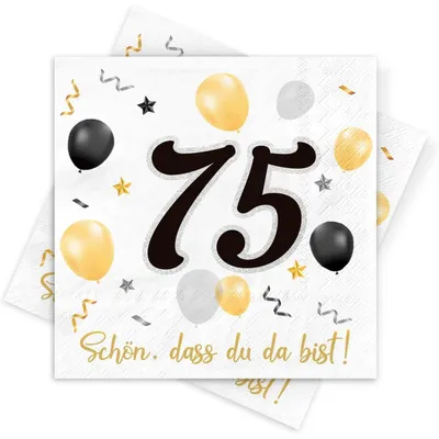 Productafbeelding van Servetten voor 75e verjaardag, 30 stuks, zwart-goud, 3-laags, papieren servetten, tafeldecoratie