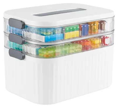 Image de Boîte à médicaments - Trousse de premiers secours - Design à 3 niveaux - Grande capacité 25x22x34 cm - Poignée de transport - Pharmacie familiale - Blanc