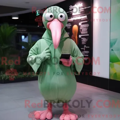 Produktbild von Maskottchen-Charakter REDBROKOLY eines olivgrünen Flamingos bekleidet mit Überwurf und Smartwatches