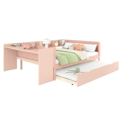 Produktbild von Jugendbett mit Ausziehbett, Lattenrost, Schreibtisch, Regal, 140x200cm, Kinderbett, Holzbett
