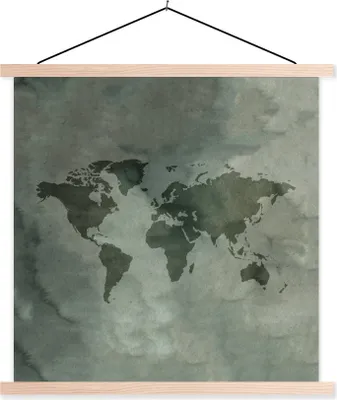 Produktbild von MuchoWow® Textilposter Weltkarte - Grau - Einfach 40x40 cm mit holzfarbenen Rahmen - Posterleiste
