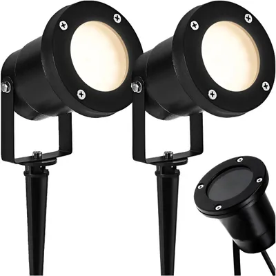 Produktbild von 2× LED Gartenstrahler GU10 IP65 mit Erdspieß, Gartenleuchte aus Aluminium, Schwenkbar, Außenstrahler ohne Leuchtmittel