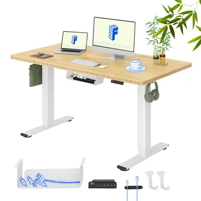 Produktbild von FLEXISPOT Höhenverstellbarer Schreibtisch 140x80cm, Bambus-Tischplatte, 2 starke Motoren, 120 kg Tragkraft, 4 Speicherplätze, Premium-Zubehör-Set Weiß