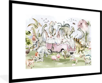Produktbild von MuchoWow® Gerahmtes Poster Dinosaurier - Kinder - Bus - Bäume - Tiere - Kinder 90x60 cm - Poster mit Schwarzem Bilderrahmen Wandposter Rahmen Foto Bilder - Wanddekoration - Fotos