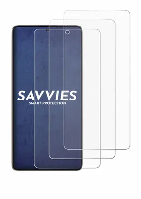 A product shot of multiple screen protectors layered over a dark blue surface with the brand name SAVVIES.
