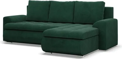 A dark green sectional sofa with a chaise lounge is shown against a white background.