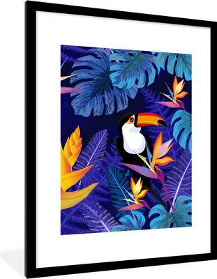 Produktbild von MuchoWow® Gerahmtes Poster Dschungel - Tukan - Blumen - Pflanzen - Kinder - Lila - Tiere 60x80 cm - Poster mit Schwarzem Bilderrahmen Wandposter Rahmen Foto Bilder - Wohnzimmer - Dekorationen - Prämie