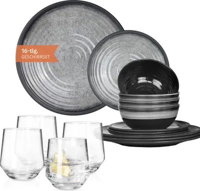 Zdjęcie produktu dla Zestaw naczyń kempingowych z melaminy dla 4 osób Stone Grey + 4 szklanki Milano Szklanki do wody Zastawa stołowa Piknik BBQ Naczynia kuchenne