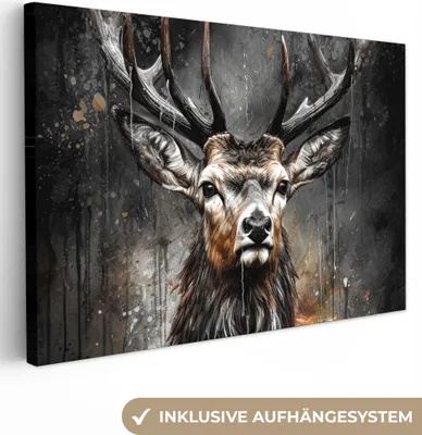 Produktbild von MuchoWow® - Leinwandbilder - Hirsch - Schwarz - Tier - Hirschkopf, Wandbild, Wanddeko Bilder Wohnzimmer, 90x60cm