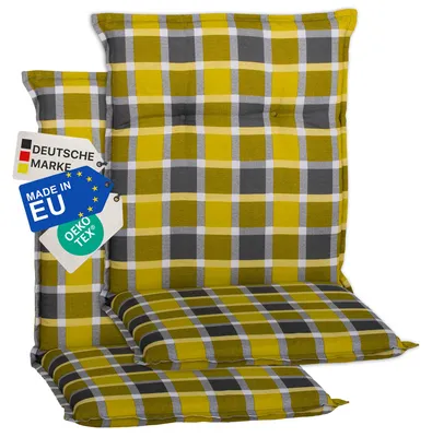Produktbild von NYVI Gartenstuhl Auflagen Niedriglehner 2er Set Barcelona - UV-Beständig, Atmungsaktiv, Strapazierfähig - Niedriglehnerauflagen Sitzkissen Outdoor - Sitzauflagen für Gartenstühle 100x50cm Karo Gelb Grau