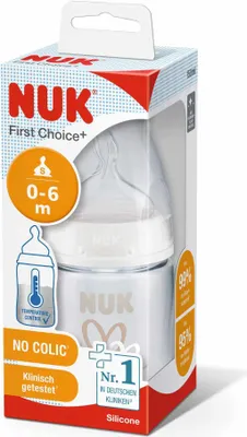 A NUK First Choice+ baby bottle in its packaging.