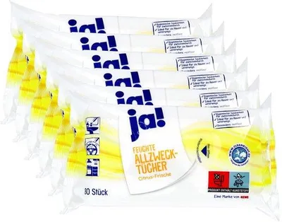 Produktbild von Ja! 480 feuchte Reinigungstücher in einer Spenderverpackung, 80 Stück pro Packung, mit frischem Zitronenduft (6 x 80 Stück)