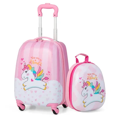 A pink unicorn-themed children's suitcase and matching backpack are displayed against a white background.