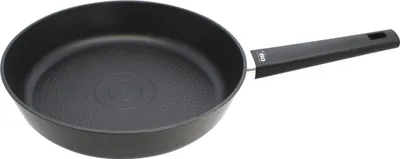 A black frying pan with a black handle is shown against a white background.