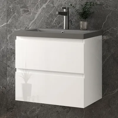 Produktbild von 60 cm Badmöbel-Set Unterschrank mit Dunkelgrau Mineralguss Waschbecken 2 Schubladen soft-close Hochglanz Weiß Selbstmontierter