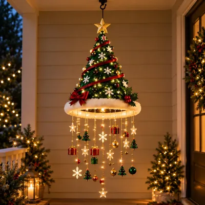 Produktbild von LED-Weihnachtsmütze zum Aufhängen, Weihnachtsbeleuchtung mit warmweißem Licht, Weihnachtsdeko mit sternförmigen Anhängern