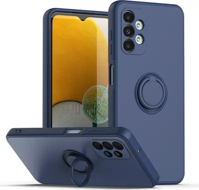 A blue phone case with a ring holder is displayed from multiple angles against a white background.