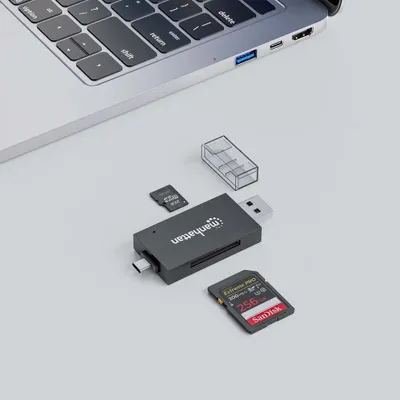 Produktbild von MANHAZZAN USB 3.0 Typ-C /-A Kartenlesegerät mit USB-C und USB-A-Stecker auf microSD und SD/MMC-Slots 5 Gbit/s USB 3.2 Gen 1 schwarz