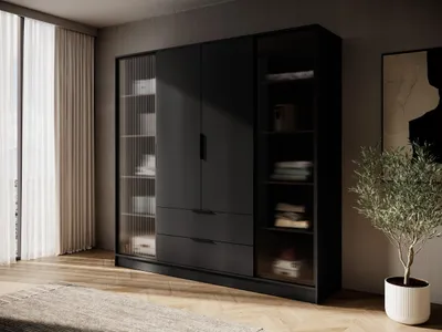 Productafbeelding van Kledingkast KELLY 4D RD, 200 cm – Kleerkast met 4 deuren, waarvan één met glas, zwart/grafiet, met optionele LED-verlichting