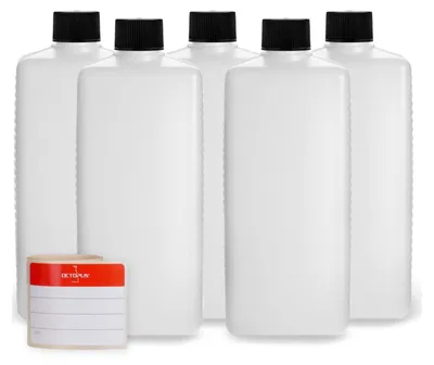 Image de 5 bouteilles plastiques carrées de 500 ml en HDPE avec bouchon à vis noir