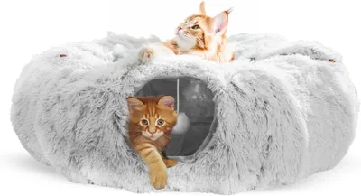 Produktbild von freetoo Katzentunnel mit zwei Eingängen, abnehmbar & faltbar, Plüsch, weich, für Indoor Katzen bis 10 kg, Grau, Gesamtdurchmesser 85-88 cm, Tunnel Ø 26 cm, inkl. Spielball