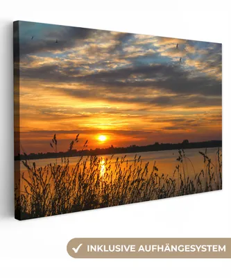 Produktbild von MuchoWow® - Leinwandbilder - Sonnenuntergang - Meer - Horizont - Himmel - Pflanzen, Wandbild, Wanddeko Bilder Wohnzimmer, 120x80 cm