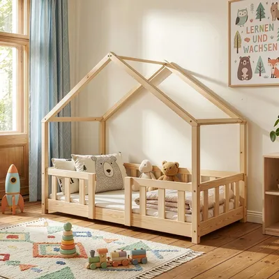 Obrázek produktu pro Dětská postýlka 'Treviolo' v domácím vzhledu s ochranou proti vypadávání borovicového dřeva 70 x 140 cm barvy dřeva