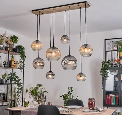 Produktbild von Villamare Hängelampe Metall/Holz/Riffelglas, Schwarz/Natur/Rauch/Bernstein/Klar