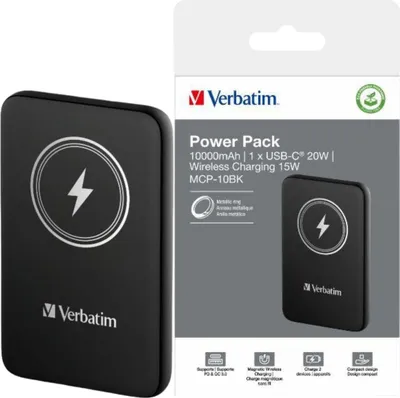 Zdjęcie produktu dla Verbatim Charge 'n' Go, 10000 mAh, Litowo-polimerowy (LiPo), Quick Charge 3.0, Bezprzewodowe ładowanie, Czarny