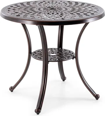 Zdjęcie produktu dla Stół ogrodowy COSTWAY odporny na warunki atmosferyczne do 70kg, stół tarasowy z otworem na parasol i dolną półką, stół balkonowy z odlewu aluminiowego φ79x71cm