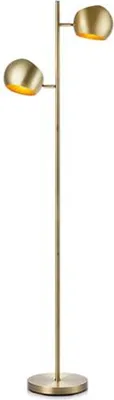 A floor lamp with two adjustable heads, made of brass.