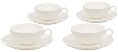 4 Fine Bone China Teetassen mit Untertassen, 150 ml, cremeweiß