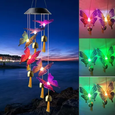 Image de Carillon solaire papillon, changement de couleur guirlandes lumineuses solaires à LED, Mobile Outdoor Hanging Patio Light