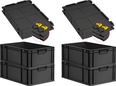Produktbild von SuperSparSet 4x Eurobox NextGen Grip mit Scharnierdeckel und gelben Schiebeschnappverschlüssen | HxBxT 22x40x60cm | 44 Liter | Schwarz | Griffe geschlossen | Verstärkter Boden | Eurobehälter, Transportbox, Transportbehälter, Stapelbehälter