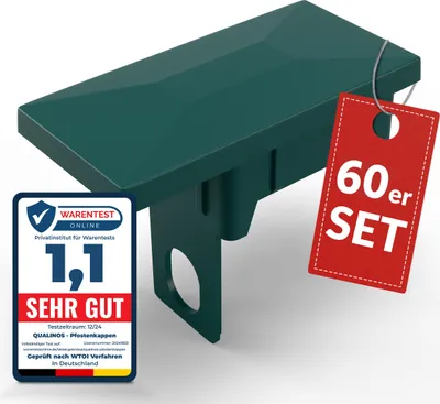 Produktbild von Qualinos Pfostenkappen 60x40 mm mit Sicherungssteg Grün 6005 (60 Stück) – für Doppelstabmattenzaun