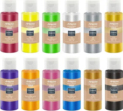 Produktbild von Artecho Acrylfarbe 12 x Metallic Acrylfarben, je 59 ml Flaschen, für Papier, Ton, Holz, Steine – zum Reisen, Malen & Freude verschenken