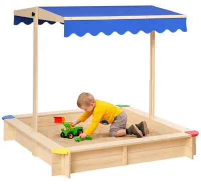 Image de Bac à sable en bois pour enfants - Bac à sable avec toit - Auvent réglable - Bois de sapin - 120x120x120 cm - Pour jardin et extérieur - Bois naturel/Bleu