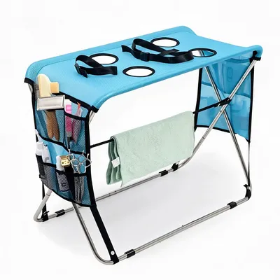 Produktbild von Hundepflegehängematte mit Gestell, Edelstahl-Pflegetisch für Hunde und Katzen, 4 Beinöffnungen, höhenverstellbar, faltbar, bis 15 kg, Blau