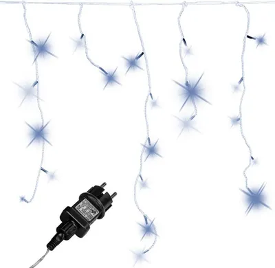 A string of white icicle lights with blue star-shaped accents and a black power plug.